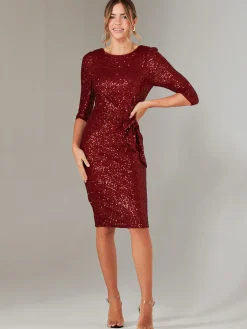 Jolie Moi Occasion Dresses|Party Dresses-3/4 Sleeve Sequin Stretch Shift Dress, Dark Red