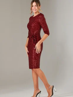 Jolie Moi Occasion Dresses|Party Dresses-3/4 Sleeve Sequin Stretch Shift Dress, Dark Red