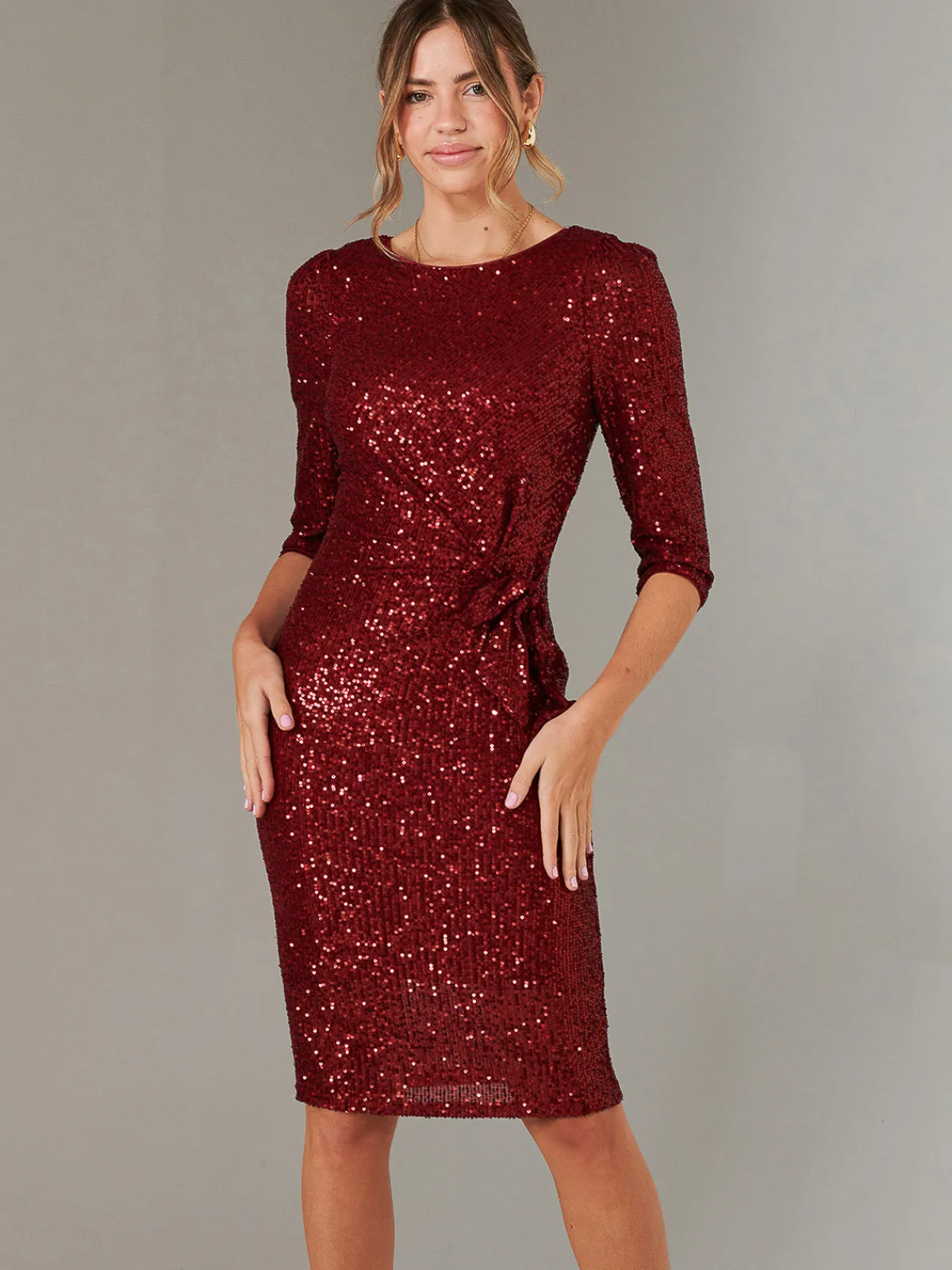 Jolie Moi Occasion Dresses|Party Dresses-3/4 Sleeve Sequin Stretch Shift Dress, Dark Red