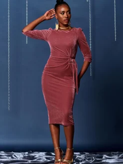 Jolie Moi Occasion Dresses|Velvet Dresses-3/4 Sleeve Tie Detail Velvet Midi Dress, Pink