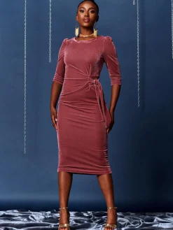 Jolie Moi Occasion Dresses|Velvet Dresses-3/4 Sleeve Tie Detail Velvet Midi Dress, Pink