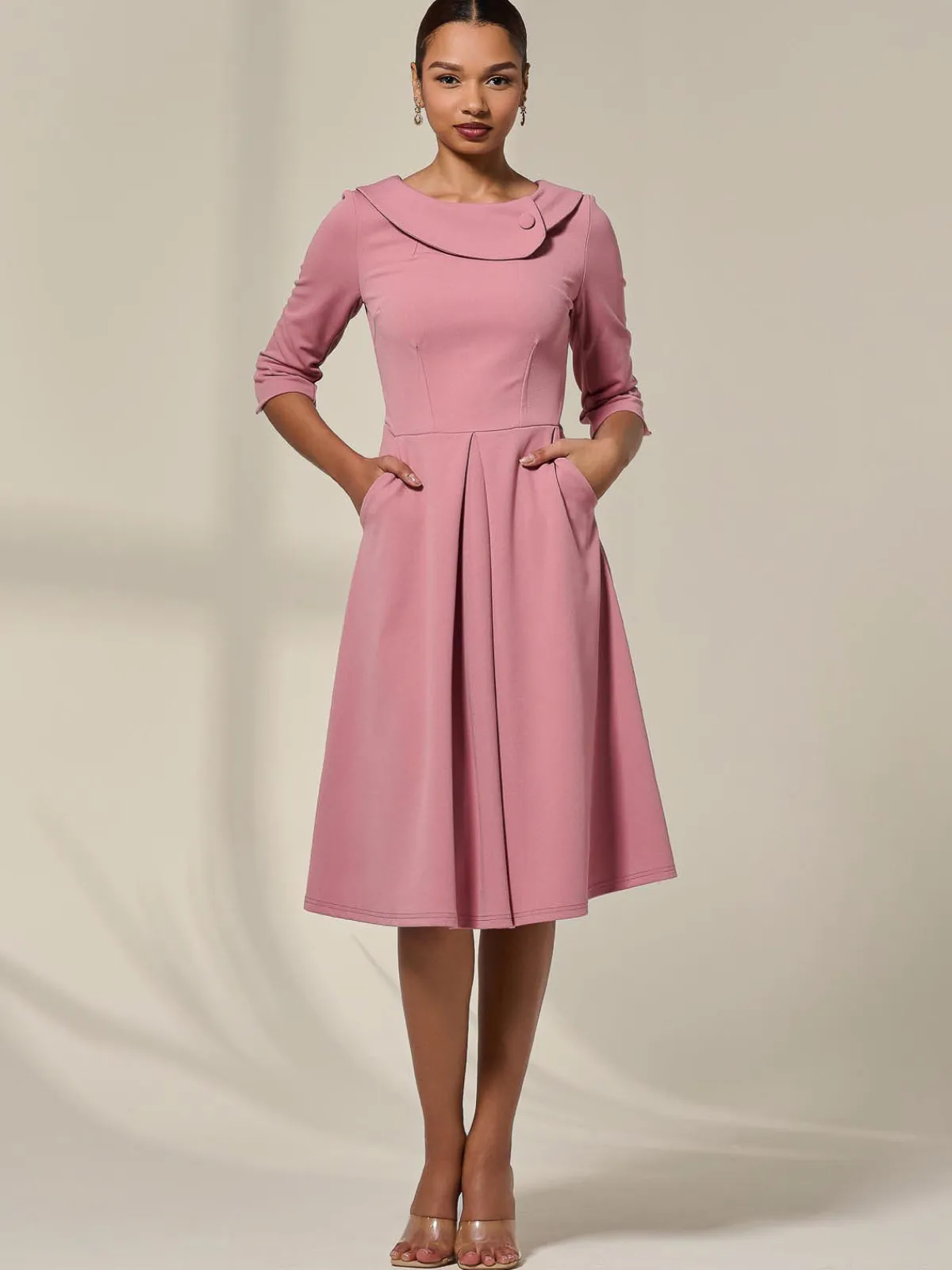 Jolie Moi Occasion Dresses|Mother Of The Bride-Sloan 3/4 Sleeve Midi Dress, Mauve Pink