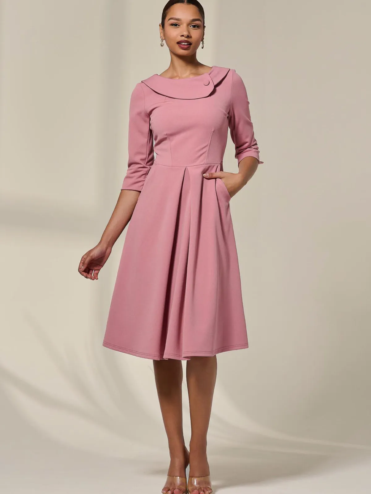 Jolie Moi Occasion Dresses|Mother Of The Bride-Sloan 3/4 Sleeve Midi Dress, Mauve Pink