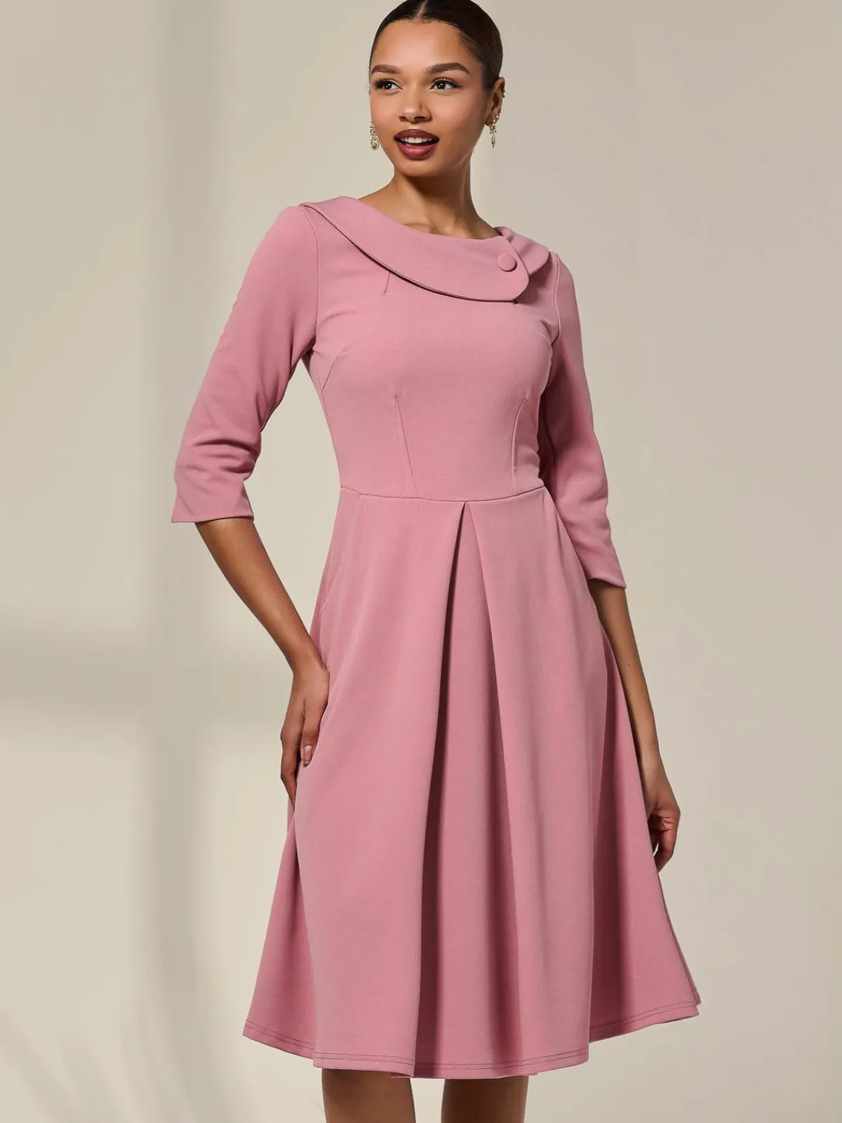 Jolie Moi Occasion Dresses|Mother Of The Bride-Sloan 3/4 Sleeve Midi Dress, Mauve Pink