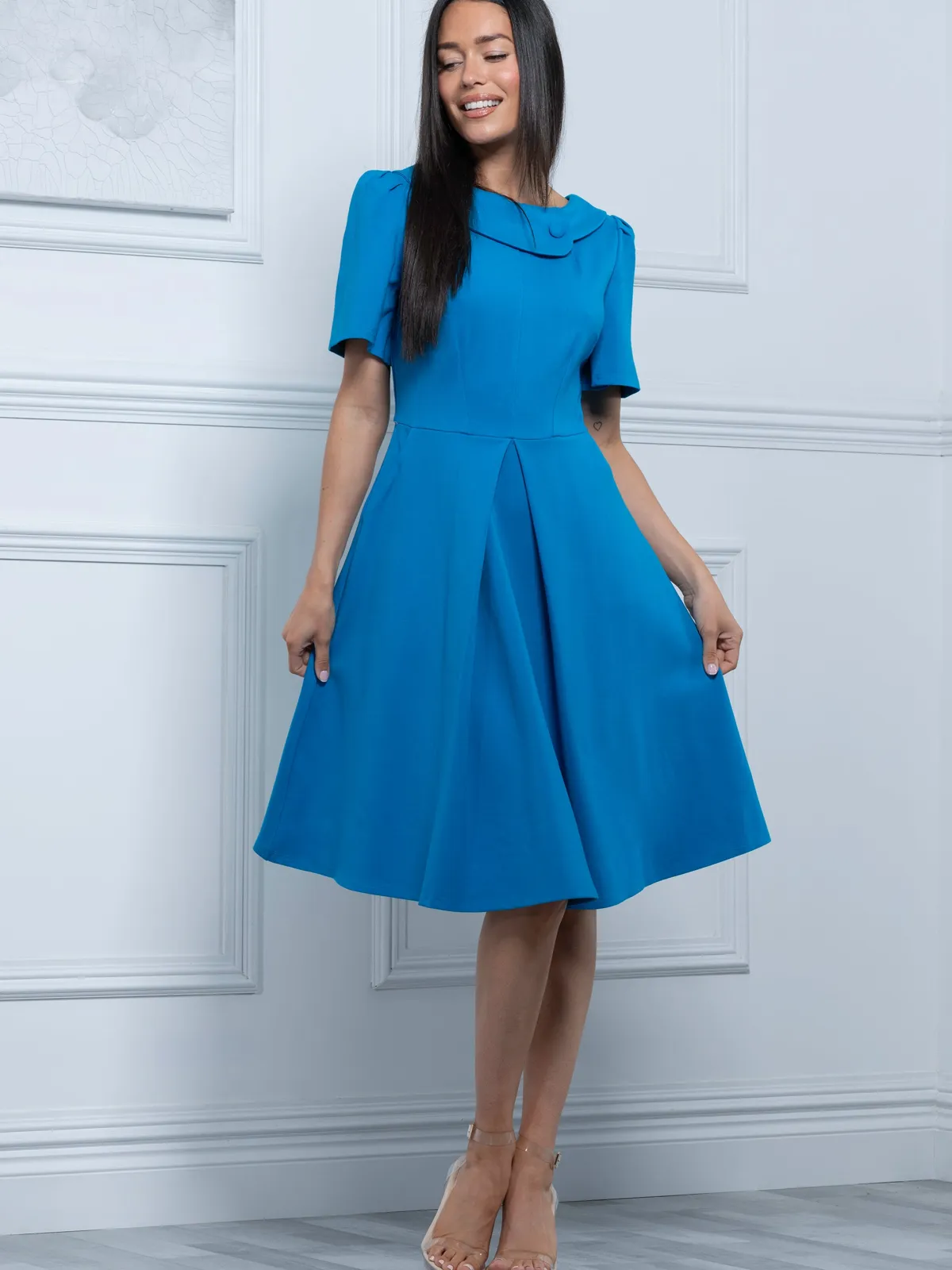 Jolie Moi Occasion Dresses|Office Wear-Sophia Button Collar Dress, Royal Blue