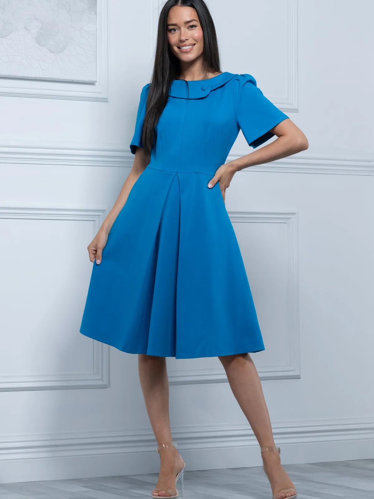 Jolie Moi Occasion Dresses|Office Wear-Sophia Button Collar Dress, Royal Blue