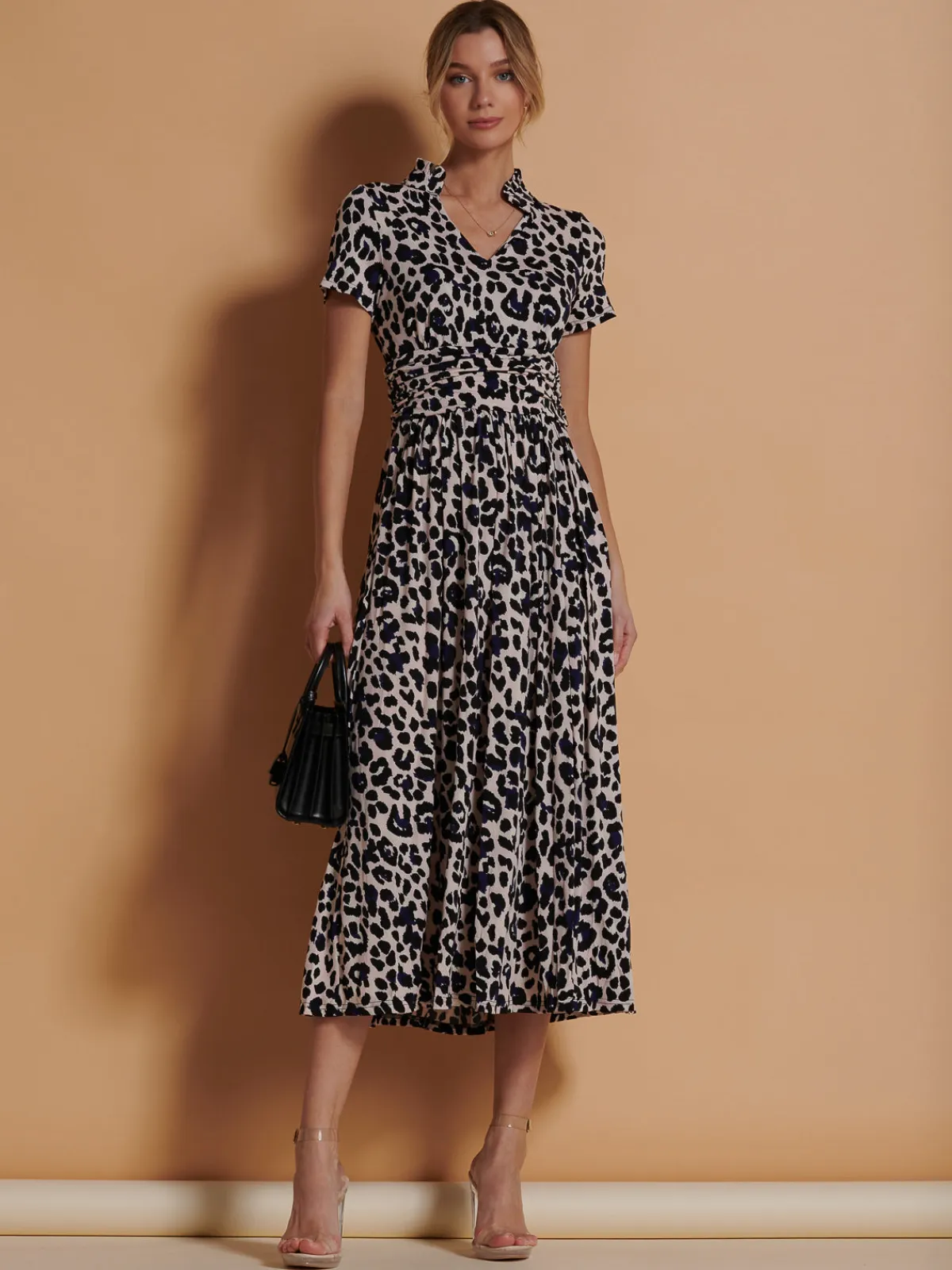 Jolie Moi Occasion Dresses|Office Dresses-Stand Collar V Neck Print Maxi Dress, Pink Animal