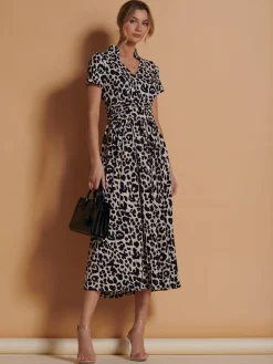 Jolie Moi Occasion Dresses|Office Dresses-Stand Collar V Neck Print Maxi Dress, Pink Animal