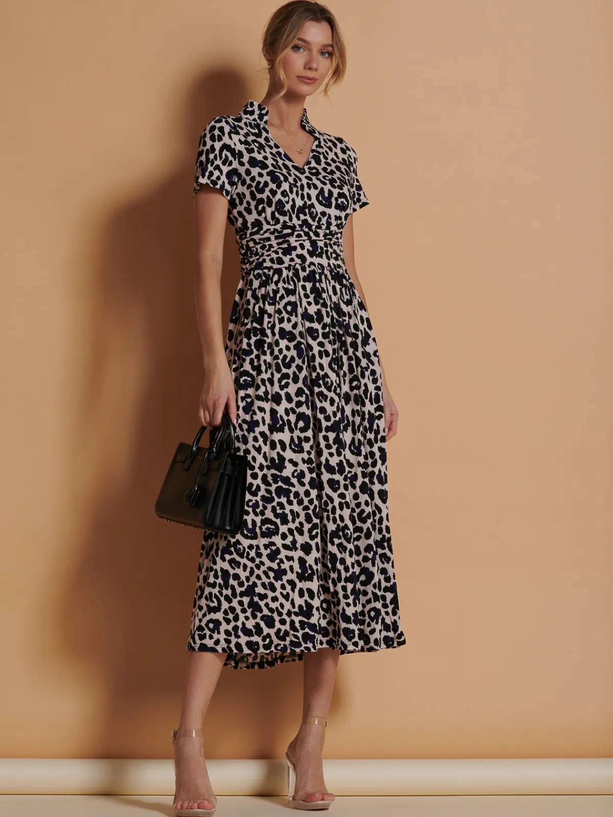 Jolie Moi Occasion Dresses|Office Dresses-Stand Collar V Neck Print Maxi Dress, Pink Animal