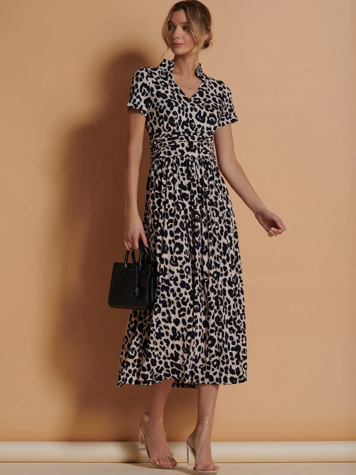 Jolie Moi Occasion Dresses|Office Dresses-Stand Collar V Neck Print Maxi Dress, Pink Animal