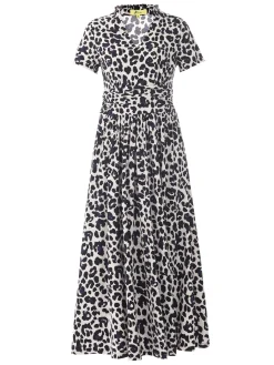 Jolie Moi Occasion Dresses|Office Dresses-Stand Collar V Neck Print Maxi Dress, Pink Animal