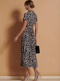 Jolie Moi Occasion Dresses|Office Dresses-Stand Collar V Neck Print Maxi Dress, Pink Animal