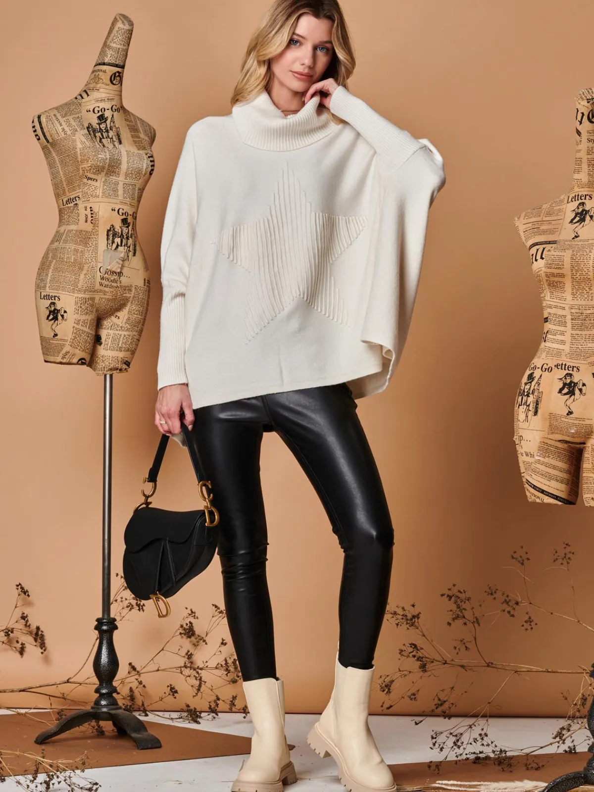 Jolie Moi Weekend Casuals|Knitted Jumpers-Star Front Roll Neck Knit Jumper, Oatmeal
