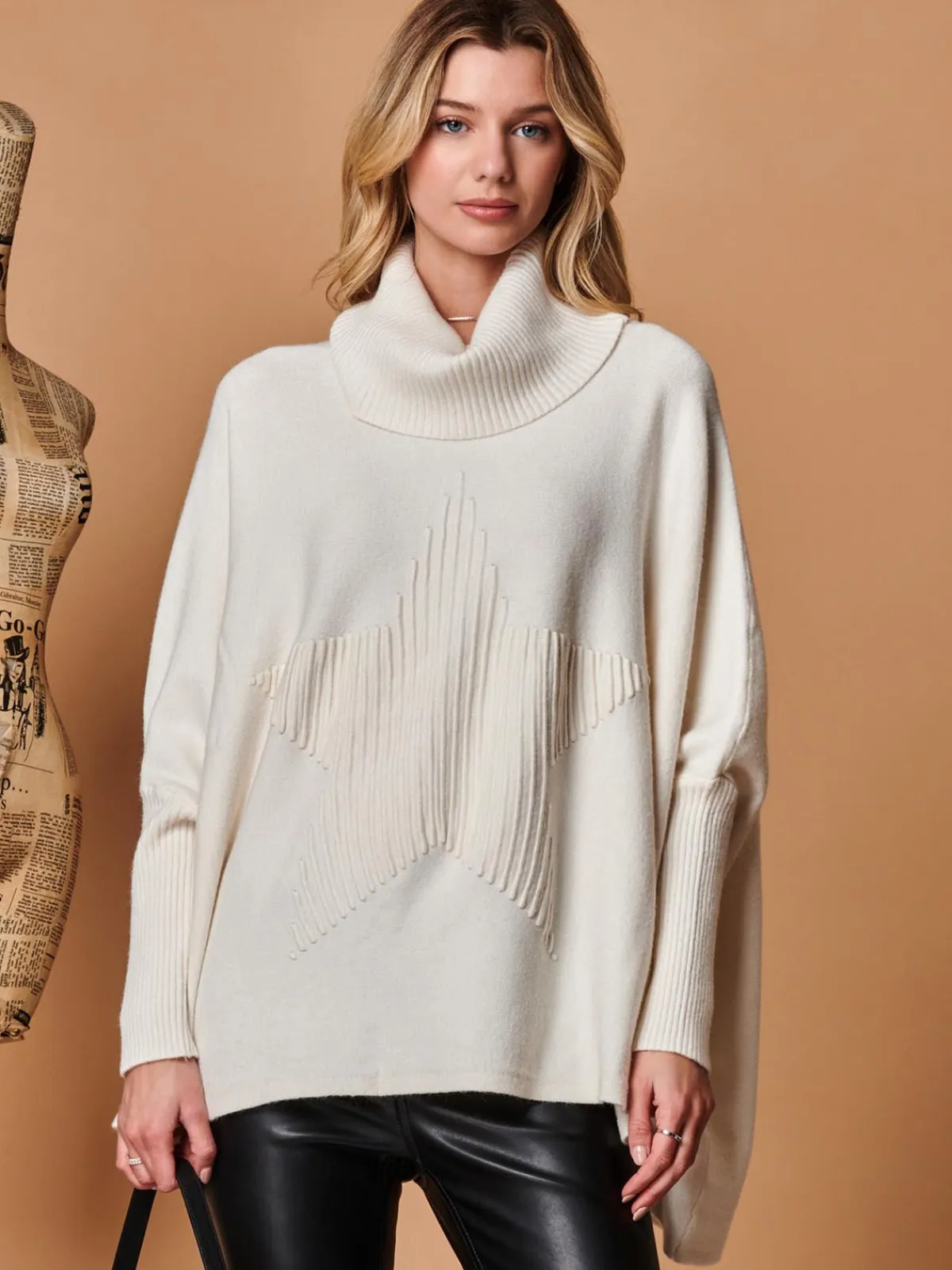 Jolie Moi Weekend Casuals|Knitted Jumpers-Star Front Roll Neck Knit Jumper, Oatmeal
