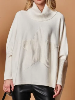 Jolie Moi Weekend Casuals|Knitted Jumpers-Star Front Roll Neck Knit Jumper, Oatmeal