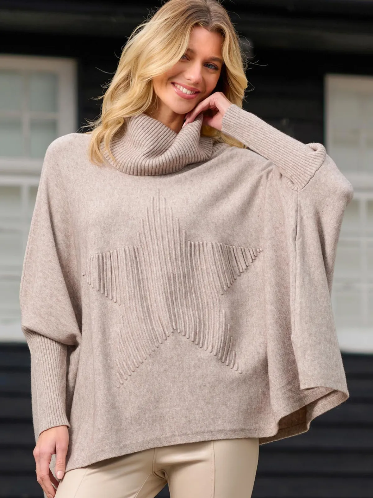 Jolie Moi Weekend Casuals|Knitted Jumpers-Star Front Roll Neck Knit Jumper, Taupe
