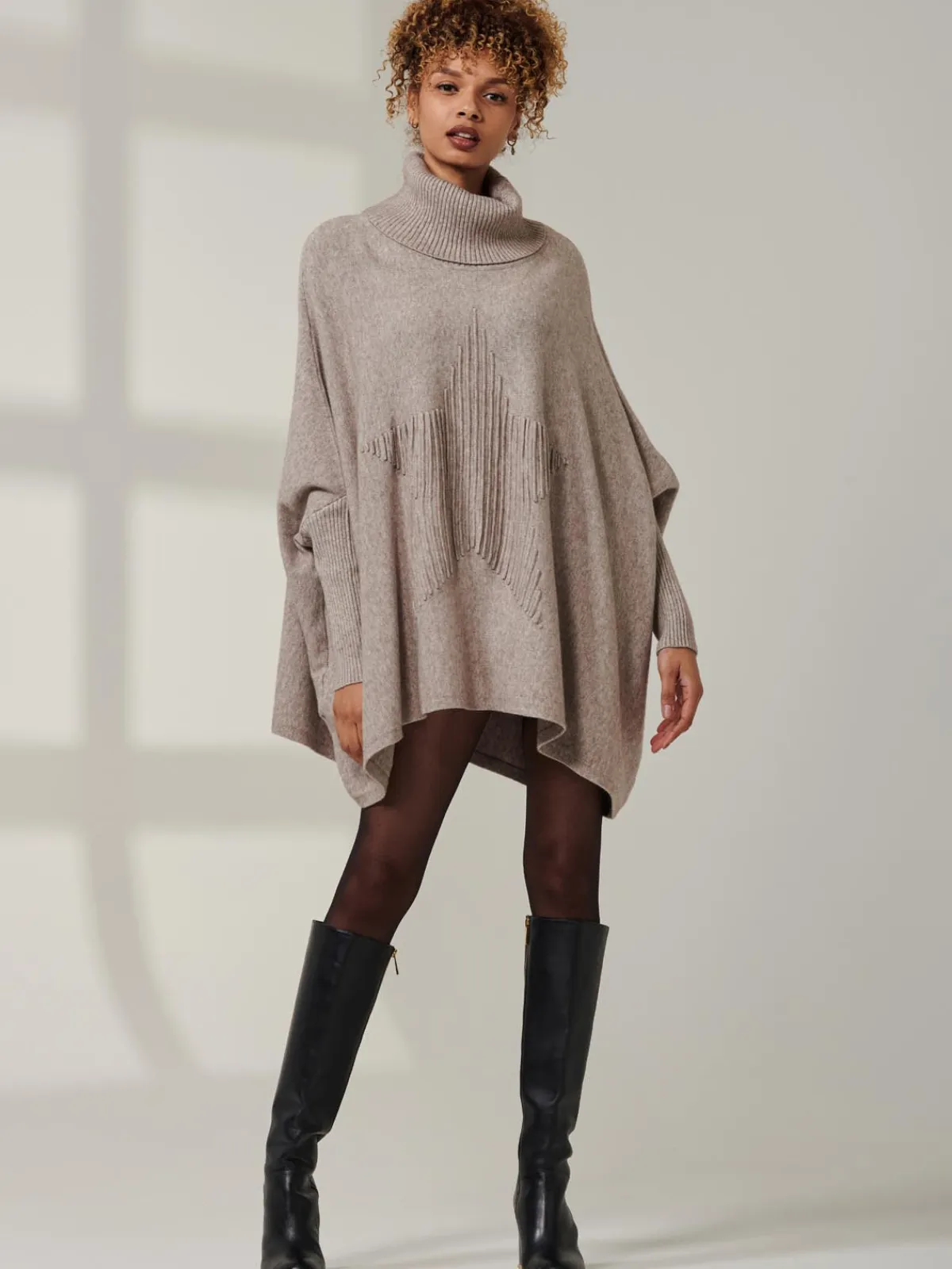 Jolie Moi Weekend Casuals|Knitted Jumpers-Star Front Roll Neck Knit Jumper, Taupe