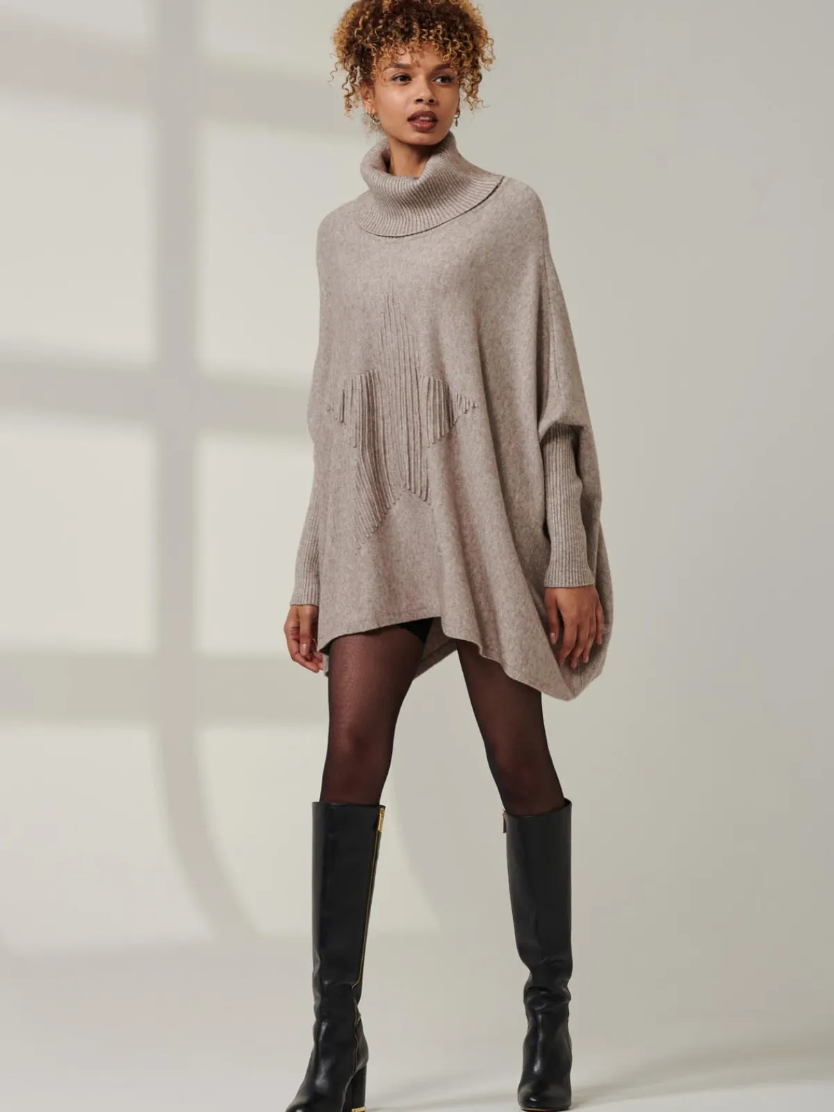 Jolie Moi Weekend Casuals|Knitted Jumpers-Star Front Roll Neck Knit Jumper, Taupe