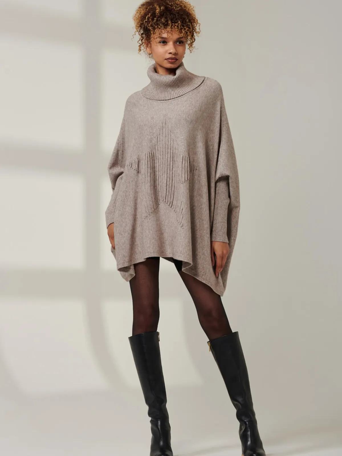 Jolie Moi Weekend Casuals|Knitted Jumpers-Star Front Roll Neck Knit Jumper, Taupe