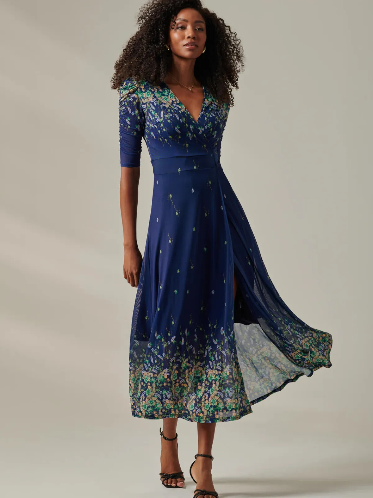 Jolie Moi Occasion Dresses|Floral Dresses-Stella Floral Print Wrap Mesh Maxi Dress, Blue Yellow Multi