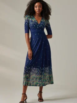 Jolie Moi Occasion Dresses|Floral Dresses-Stella Floral Print Wrap Mesh Maxi Dress, Blue Yellow Multi