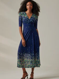 Jolie Moi Occasion Dresses|Floral Dresses-Stella Floral Print Wrap Mesh Maxi Dress, Blue Yellow Multi