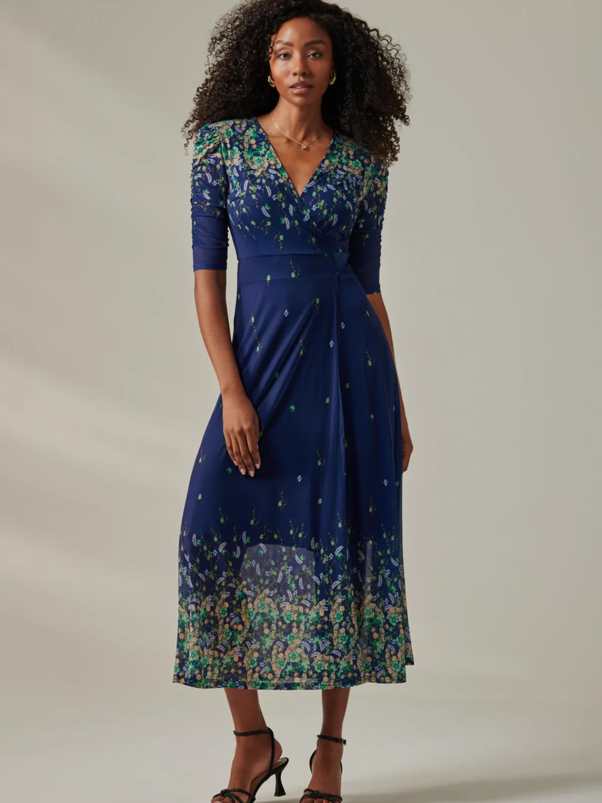 Jolie Moi Occasion Dresses|Floral Dresses-Stella Floral Print Wrap Mesh Maxi Dress, Blue Yellow Multi