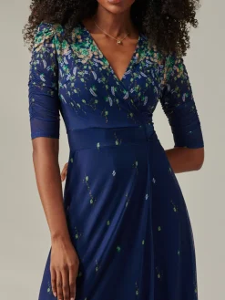 Jolie Moi Occasion Dresses|Floral Dresses-Stella Floral Print Wrap Mesh Maxi Dress, Blue Yellow Multi