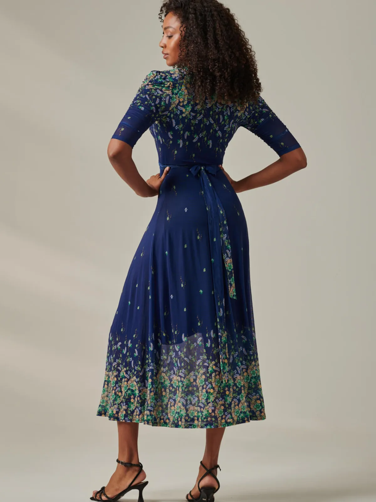 Jolie Moi Occasion Dresses|Floral Dresses-Stella Floral Print Wrap Mesh Maxi Dress, Blue Yellow Multi