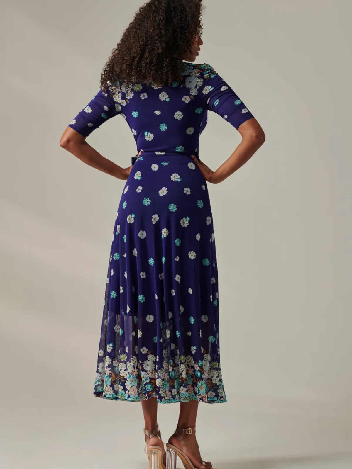 Jolie Moi Occasion Dresses|Mesh Dresses-Stella Floral Print Wrap Mesh Maxi Dress, Navy Floral