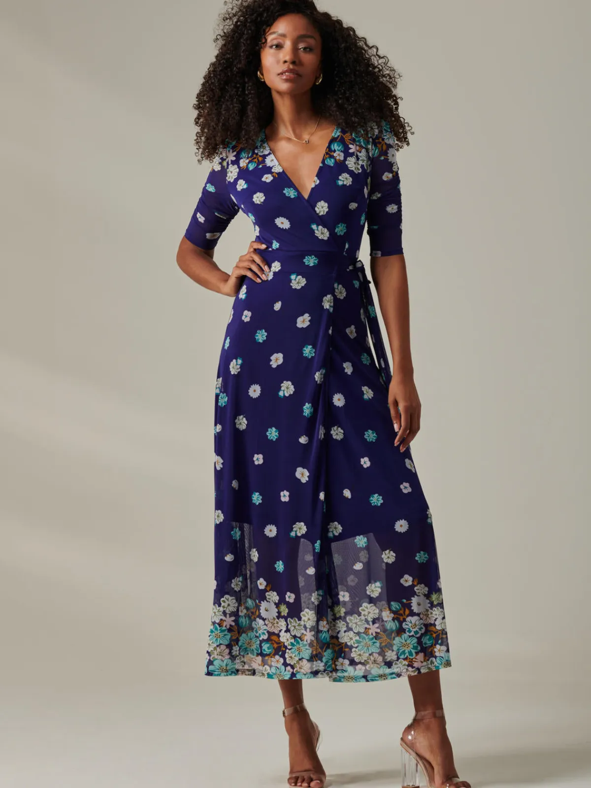 Jolie Moi Occasion Dresses|Mesh Dresses-Stella Floral Print Wrap Mesh Maxi Dress, Navy Floral