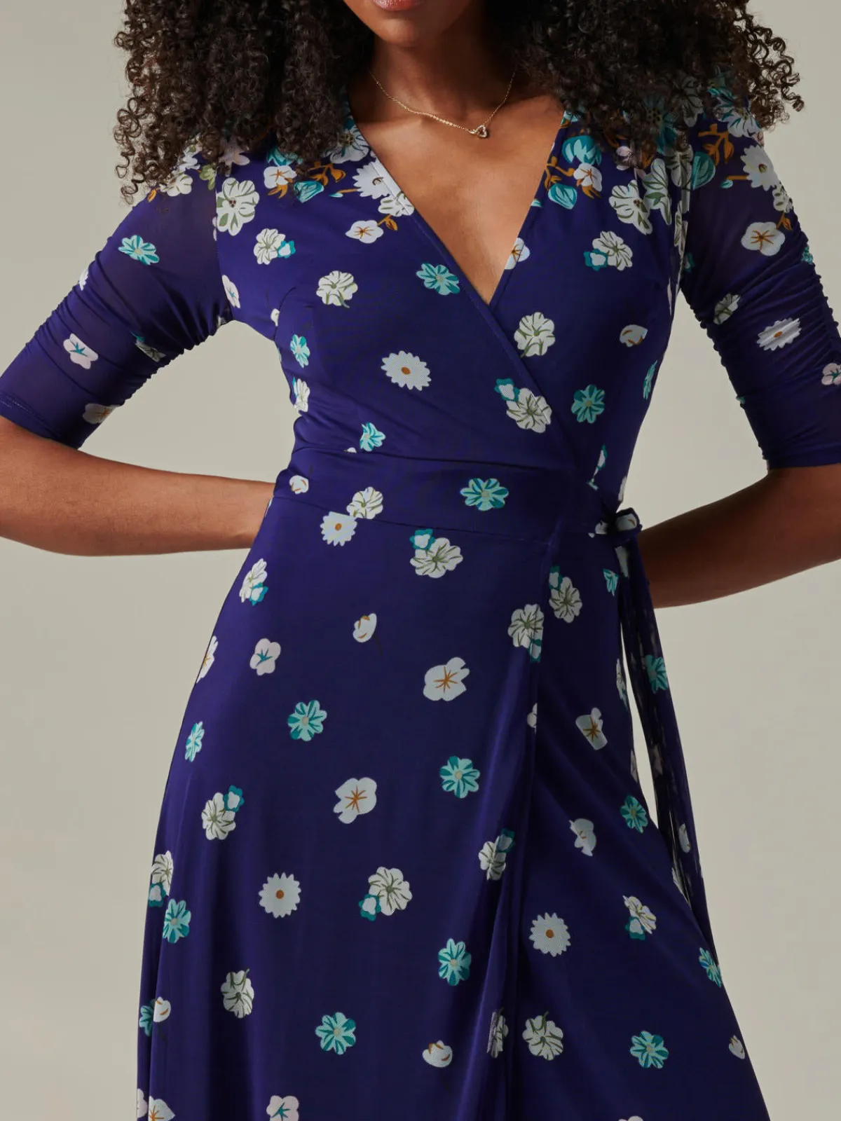 Jolie Moi Occasion Dresses|Mesh Dresses-Stella Floral Print Wrap Mesh Maxi Dress, Navy Floral