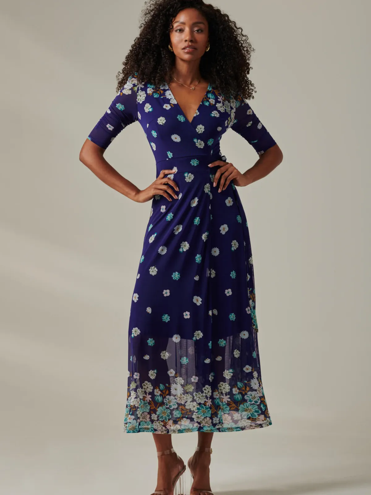 Jolie Moi Occasion Dresses|Mesh Dresses-Stella Floral Print Wrap Mesh Maxi Dress, Navy Floral