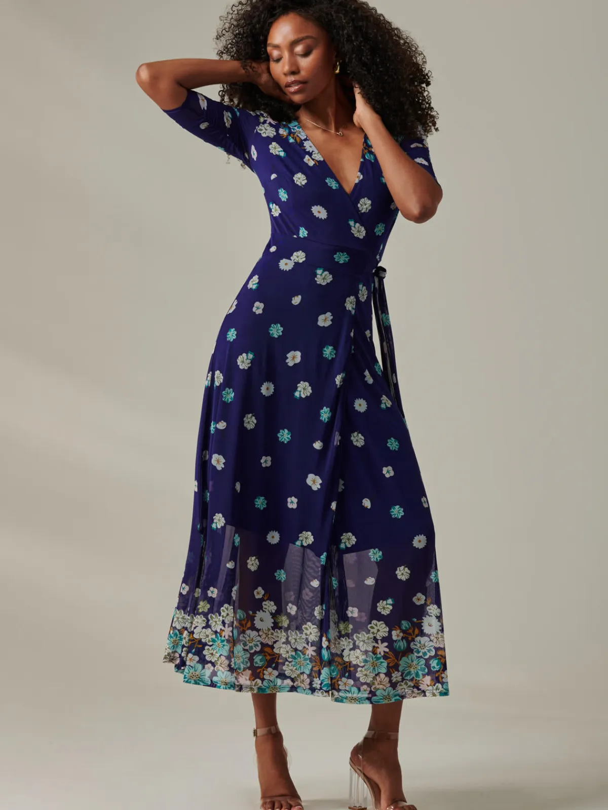 Jolie Moi Occasion Dresses|Mesh Dresses-Stella Floral Print Wrap Mesh Maxi Dress, Navy Floral