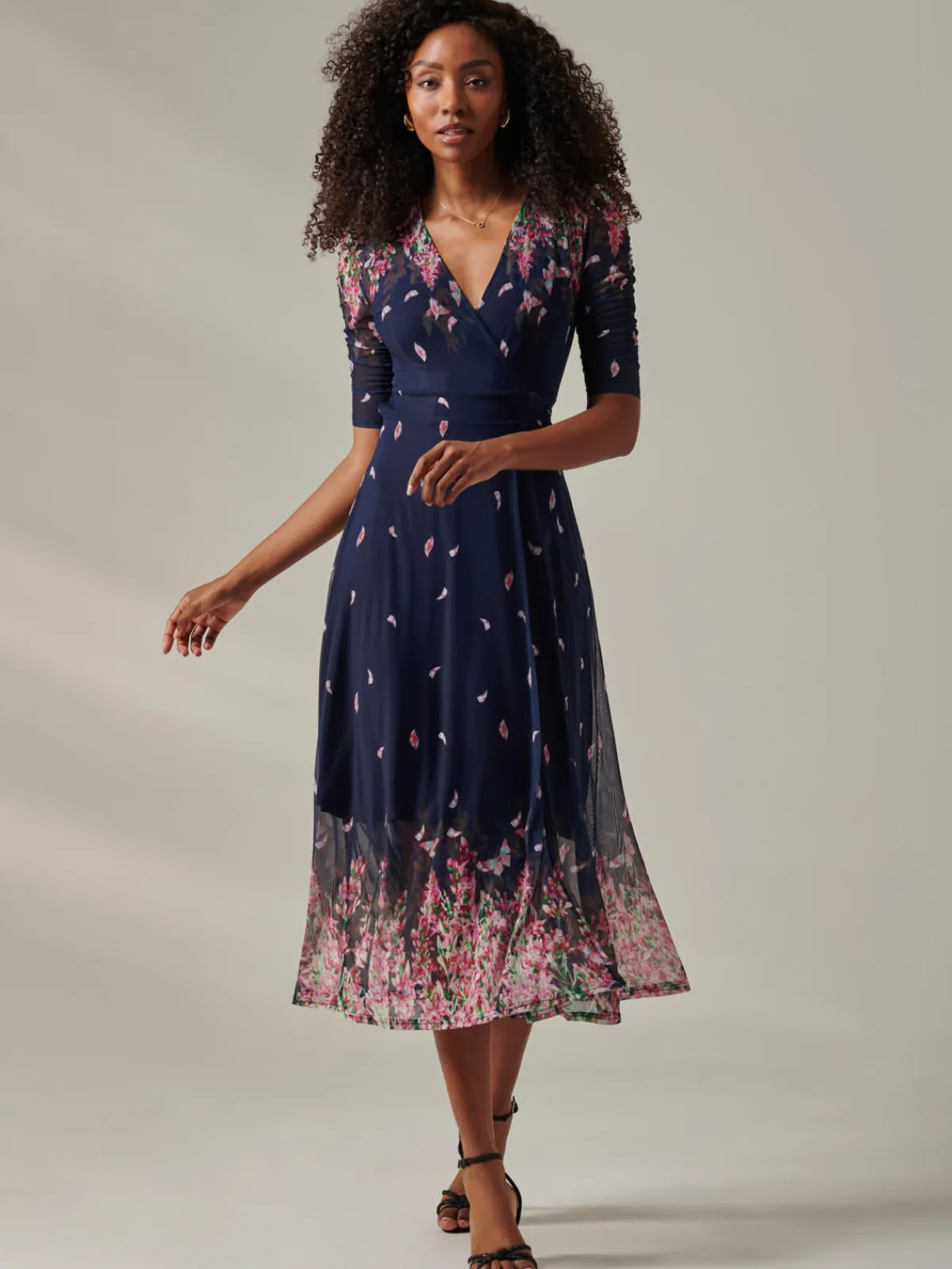 Jolie Moi Occasion Dresses|Floral Dresses-Stella Floral Print Wrap Mesh Maxi Dress, Navy Pink Multi