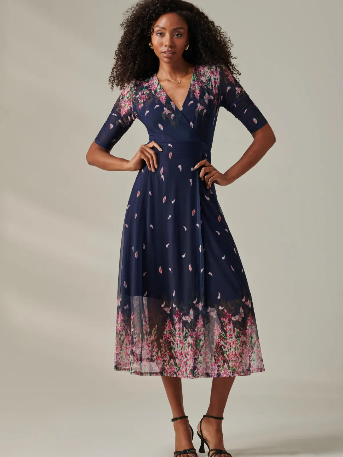 Jolie Moi Occasion Dresses|Floral Dresses-Stella Floral Print Wrap Mesh Maxi Dress, Navy Pink Multi