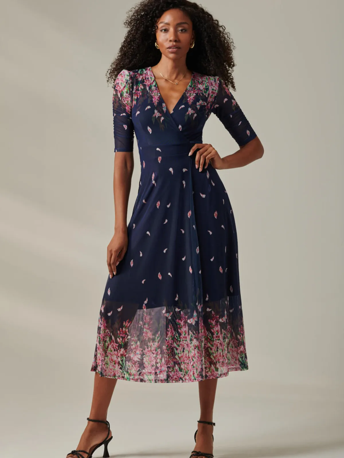 Jolie Moi Occasion Dresses|Floral Dresses-Stella Floral Print Wrap Mesh Maxi Dress, Navy Pink Multi