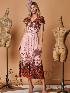 Jolie Moi Occasion Dresses|Mesh Dresses-Symmetrical Floral Print Mesh Maxi Dress, Coral Pink
