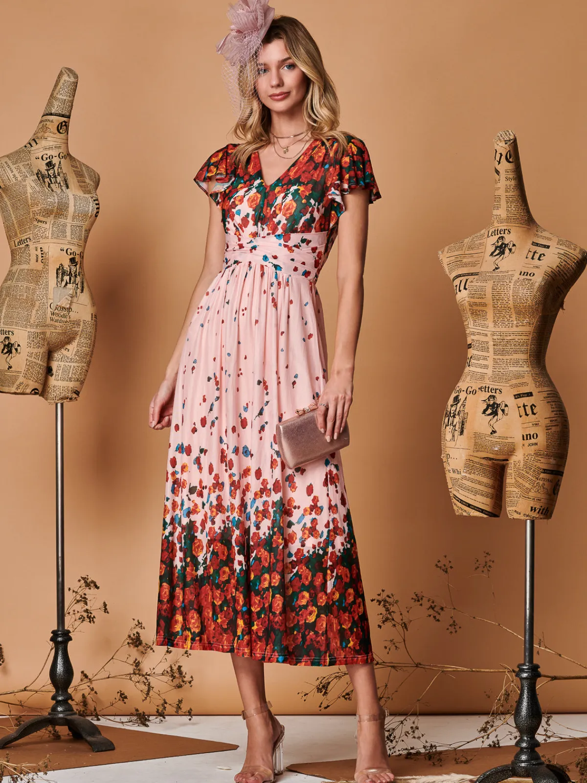Jolie Moi Occasion Dresses|Mesh Dresses-Symmetrical Floral Print Mesh Maxi Dress, Coral Pink