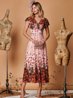 Jolie Moi Occasion Dresses|Mesh Dresses-Symmetrical Floral Print Mesh Maxi Dress, Coral Pink