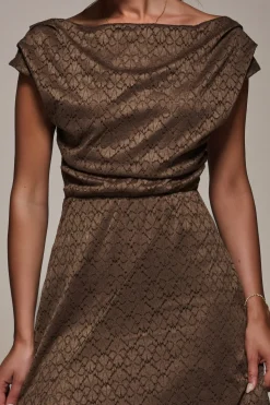 Jolie Moi Occasion Dresses-Textured Asymmetrical Draped Midaxi Dress, Brown