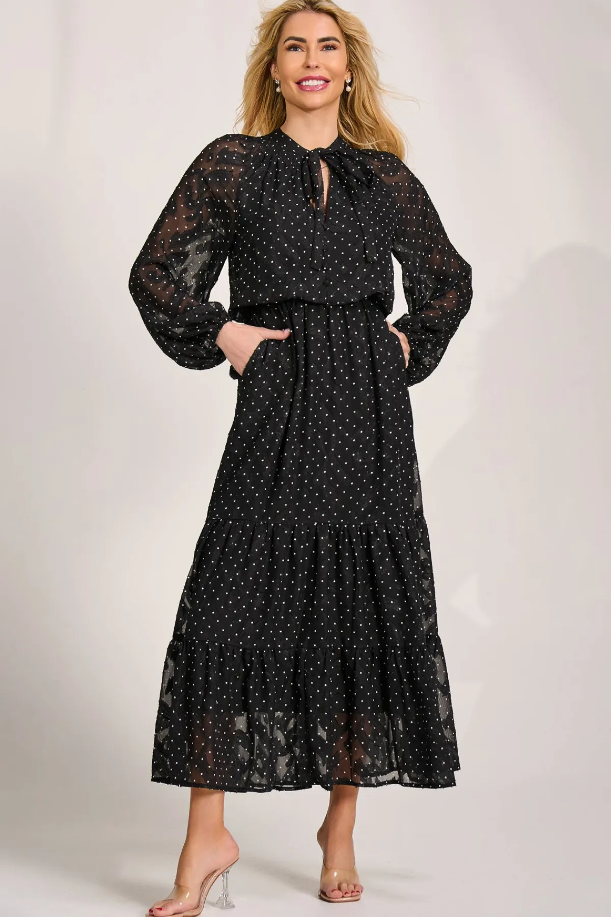 Jolie Moi Occasion Dresses|Wedding Guest-Textured Chiffon Long Sleeve Maxi Dress, Black Spot