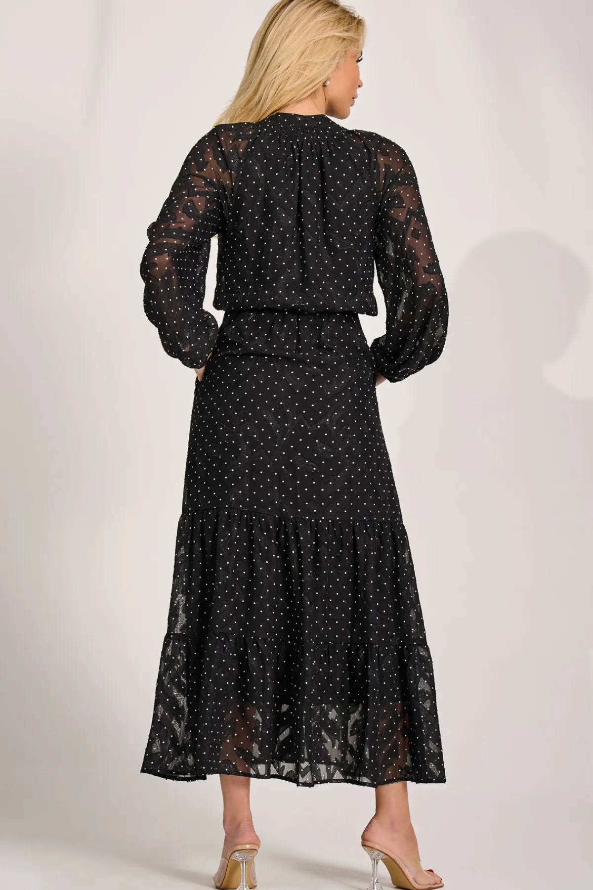 Jolie Moi Occasion Dresses|Wedding Guest-Textured Chiffon Long Sleeve Maxi Dress, Black Spot