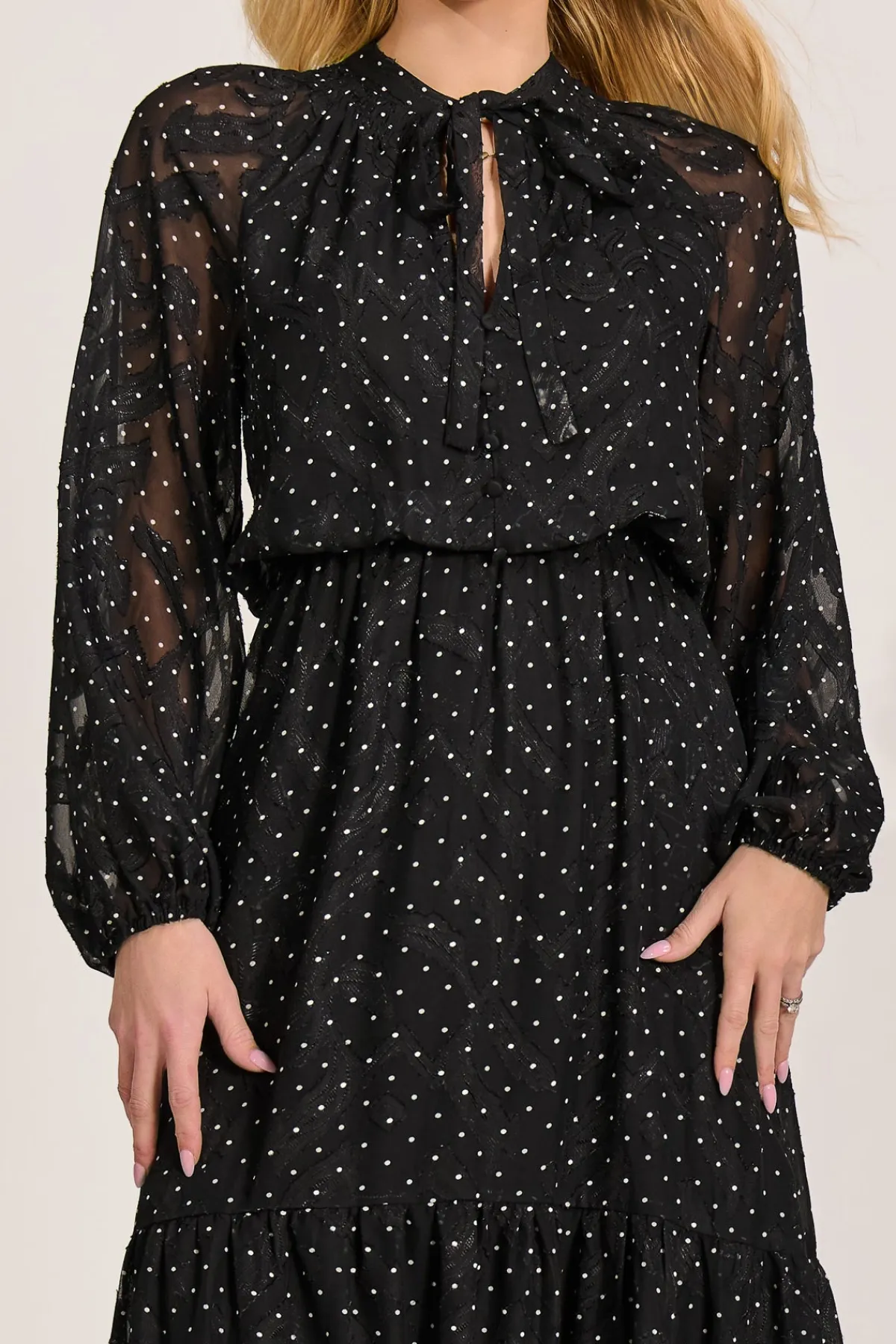 Jolie Moi Occasion Dresses|Wedding Guest-Textured Chiffon Long Sleeve Maxi Dress, Black Spot