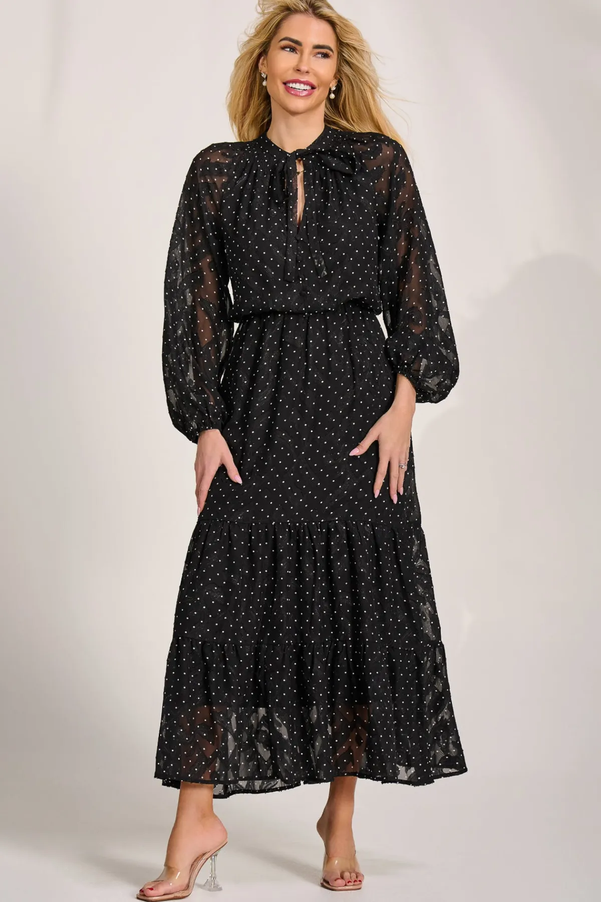 Jolie Moi Occasion Dresses|Wedding Guest-Textured Chiffon Long Sleeve Maxi Dress, Black Spot