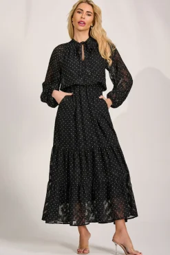 Jolie Moi Occasion Dresses|Wedding Guest-Textured Chiffon Long Sleeve Maxi Dress, Black Spot