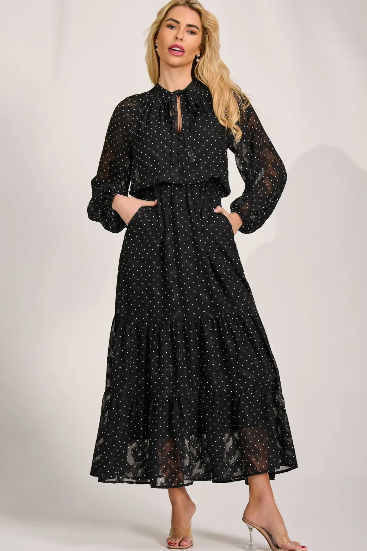 Jolie Moi Occasion Dresses|Wedding Guest-Textured Chiffon Long Sleeve Maxi Dress, Black Spot