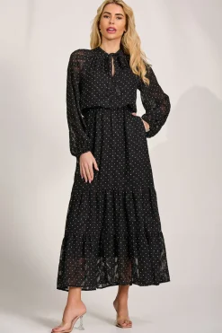 Jolie Moi Occasion Dresses|Wedding Guest-Textured Chiffon Long Sleeve Maxi Dress, Black Spot