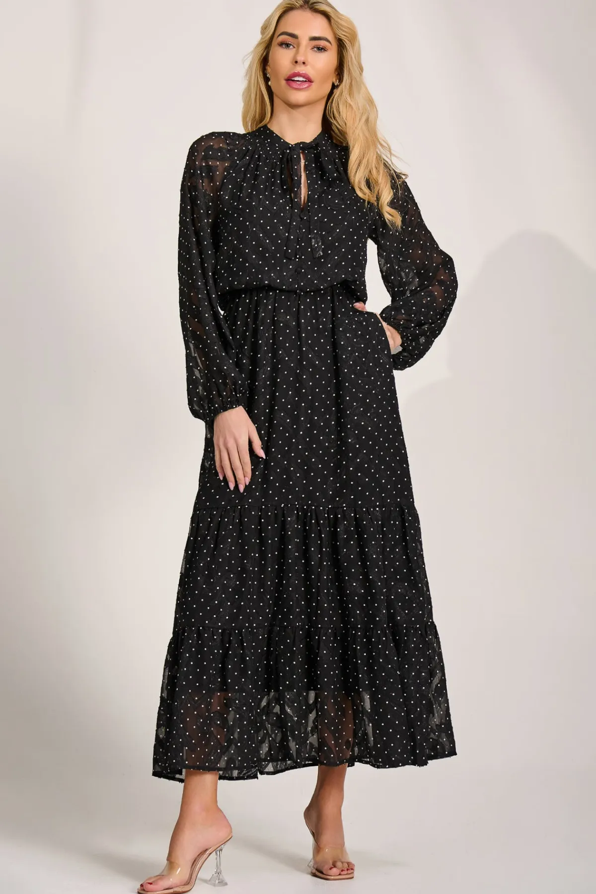 Jolie Moi Occasion Dresses|Wedding Guest-Textured Chiffon Long Sleeve Maxi Dress, Black Spot