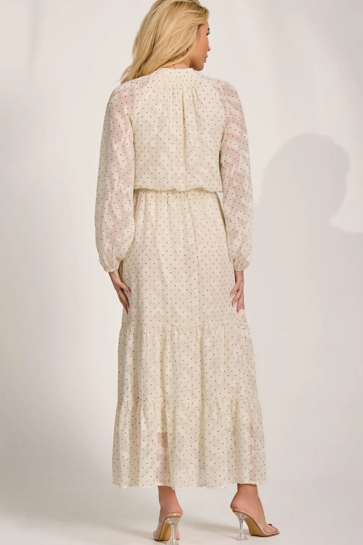 Jolie Moi Occasion Dresses|Wedding Guest-Textured Chiffon Long Sleeve Maxi Dress, Cream Spot